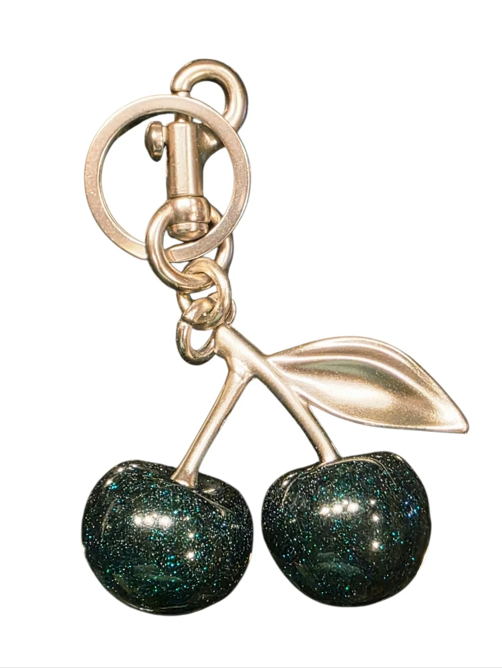 Hunter Green Glitter Cherry Purse Charm Keyring with Matte Silver Hardware